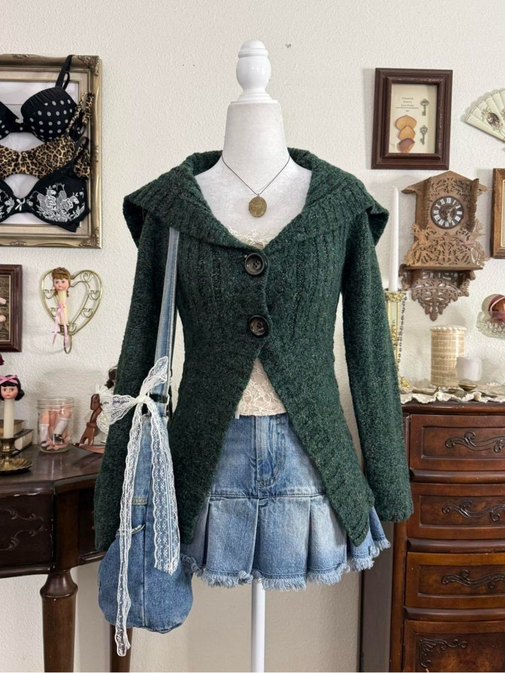 Whimsical fairy grunge dark green open front cardigan